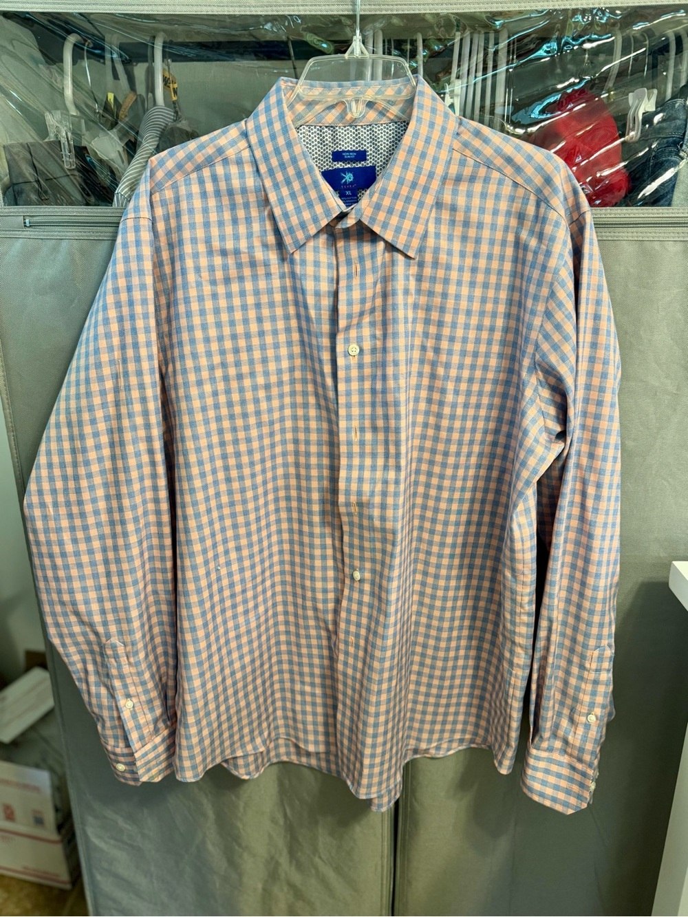 What’s Men's Pink and Light Blue Check Dress Shirt- Size XL
